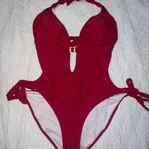 Eomenie womans 1 Pc bathing suit Red plus size 2XL open black/sides Halter Tie